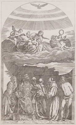 Titian etching from 1682 MADONNA WITH CHILD AND SAINTS
